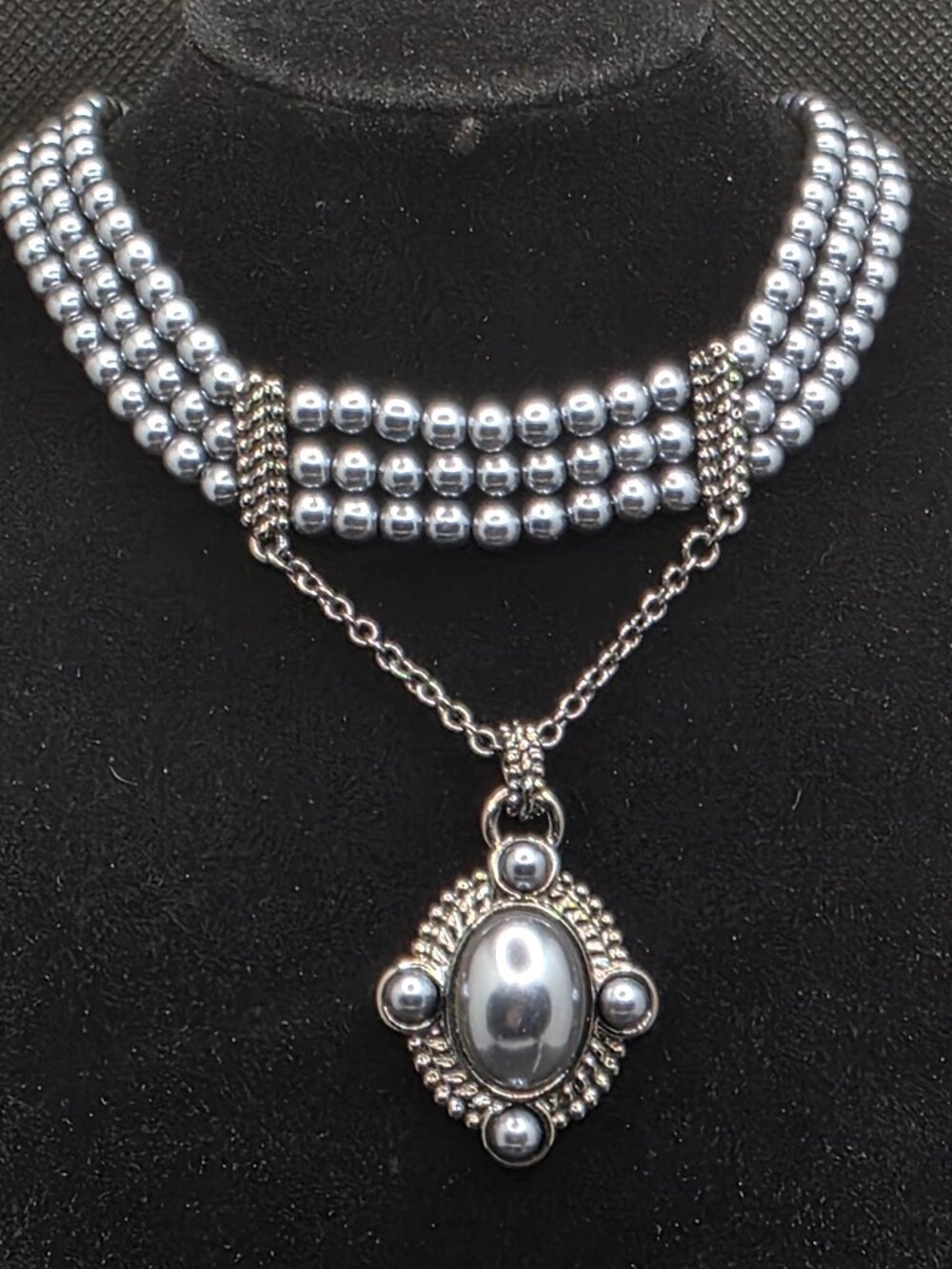 Triple Strand Gray Blue Faux Pearl Choker Necklace Victorian Style Pendant